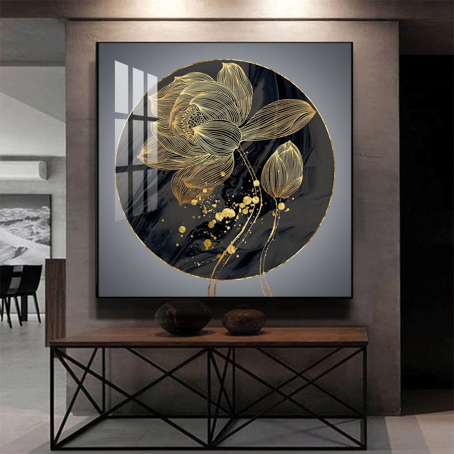 Golden Petal Grandeur Glass Finish Square Wall Art