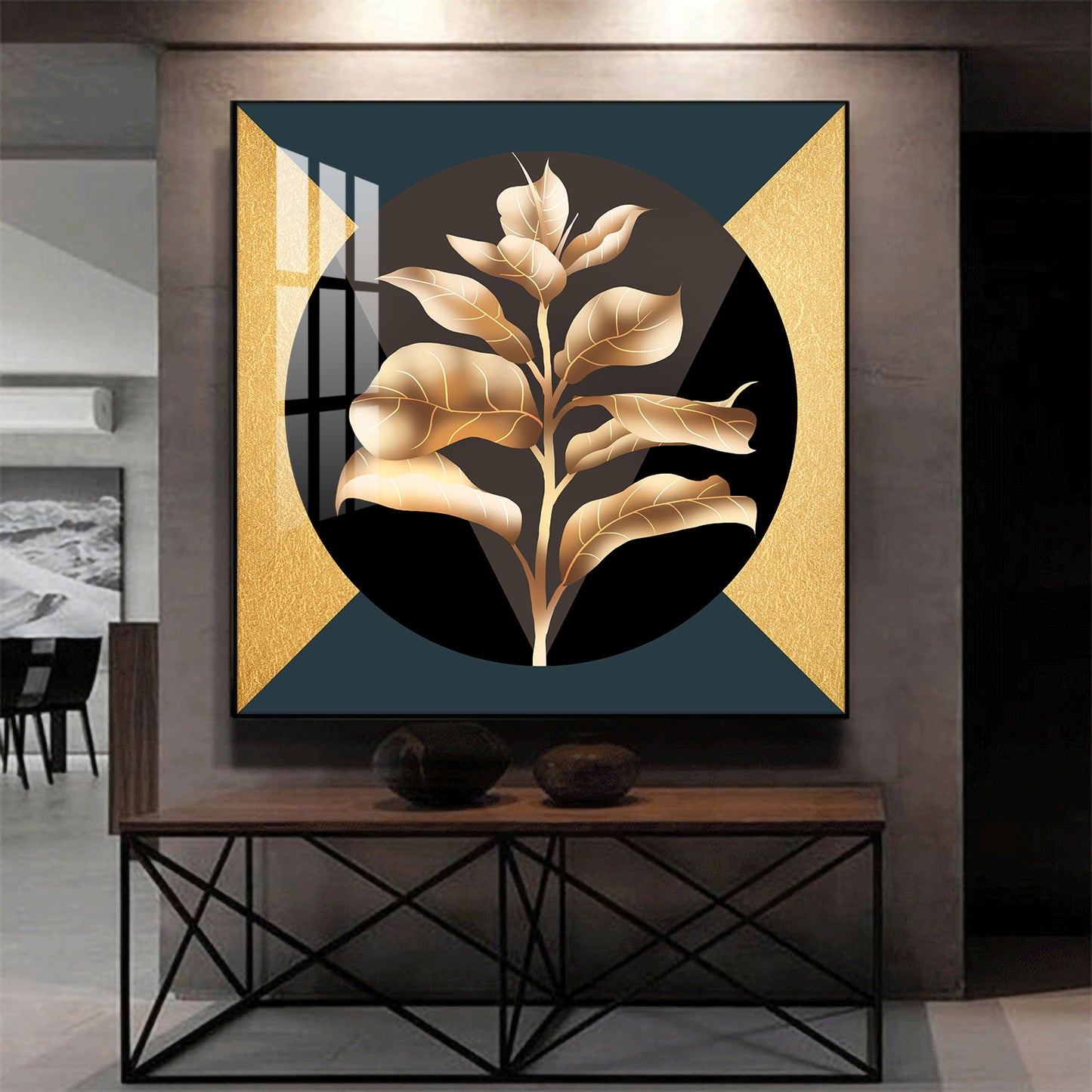 Golden Leaf Glass Finish Square Wall Art