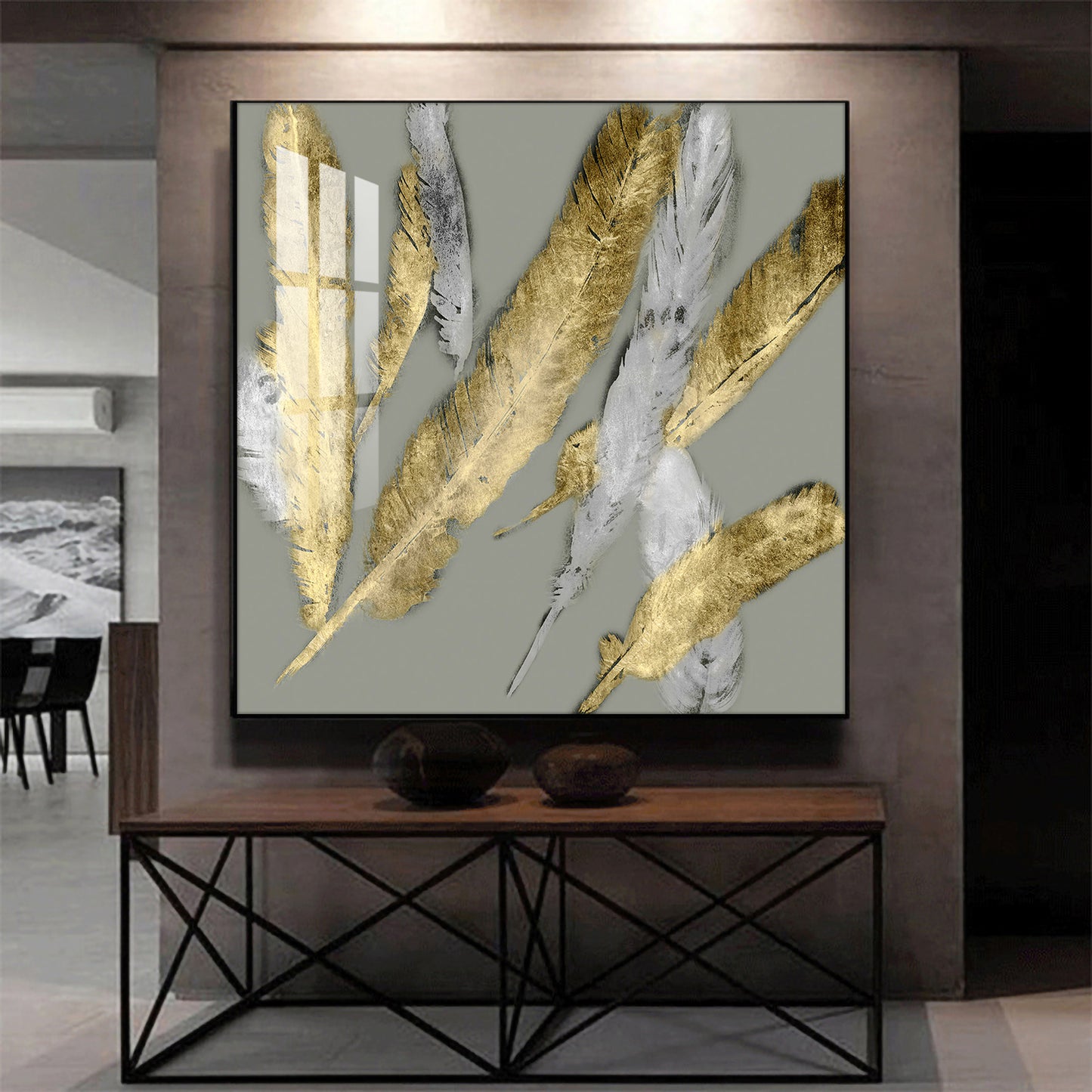 Feathered Elegance Glass Finish Square Wall Art