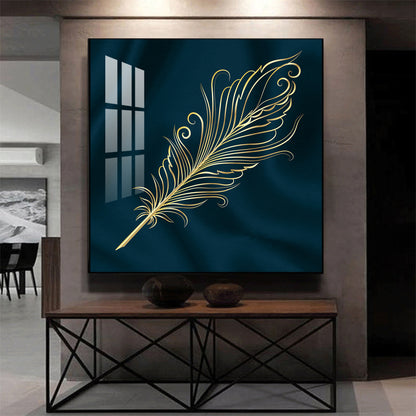 Feather on Azure Glass Finish Square Wall Art