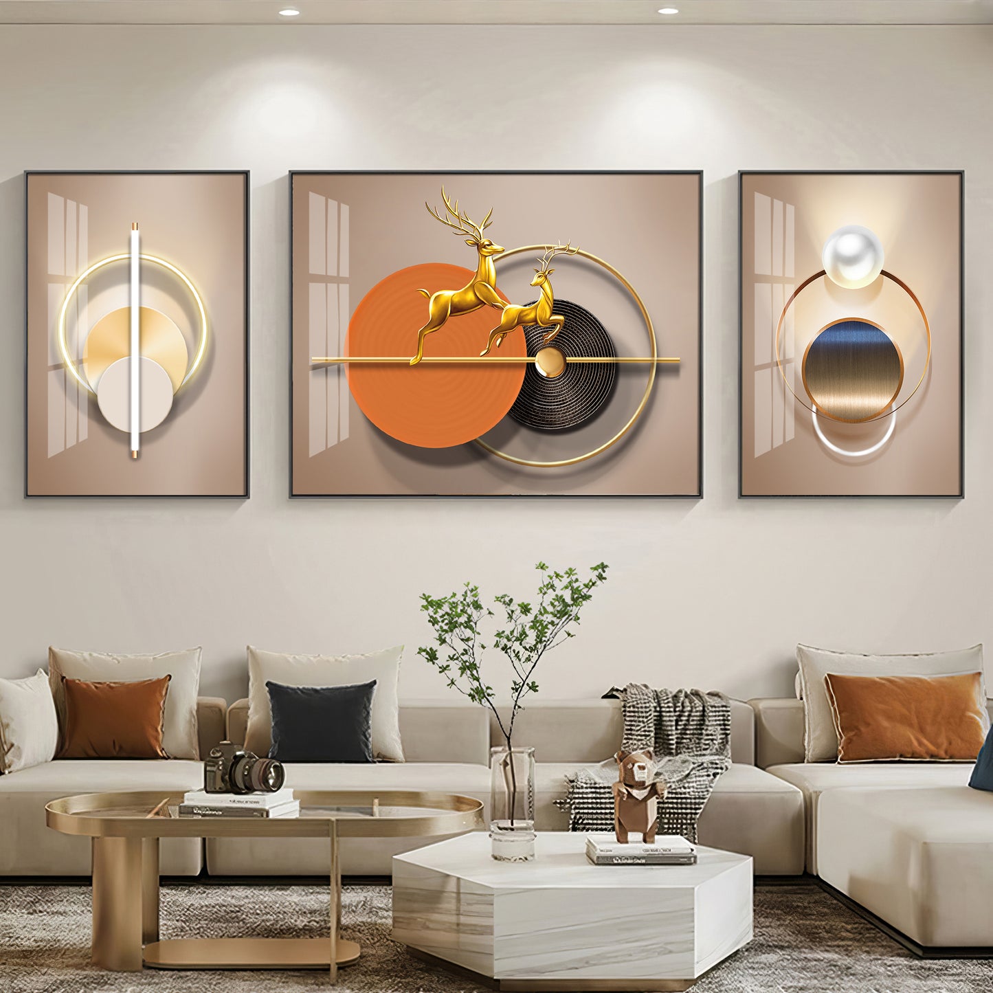 Golden Dancing Deer Glass Finish Wall Art (Set Of 3)