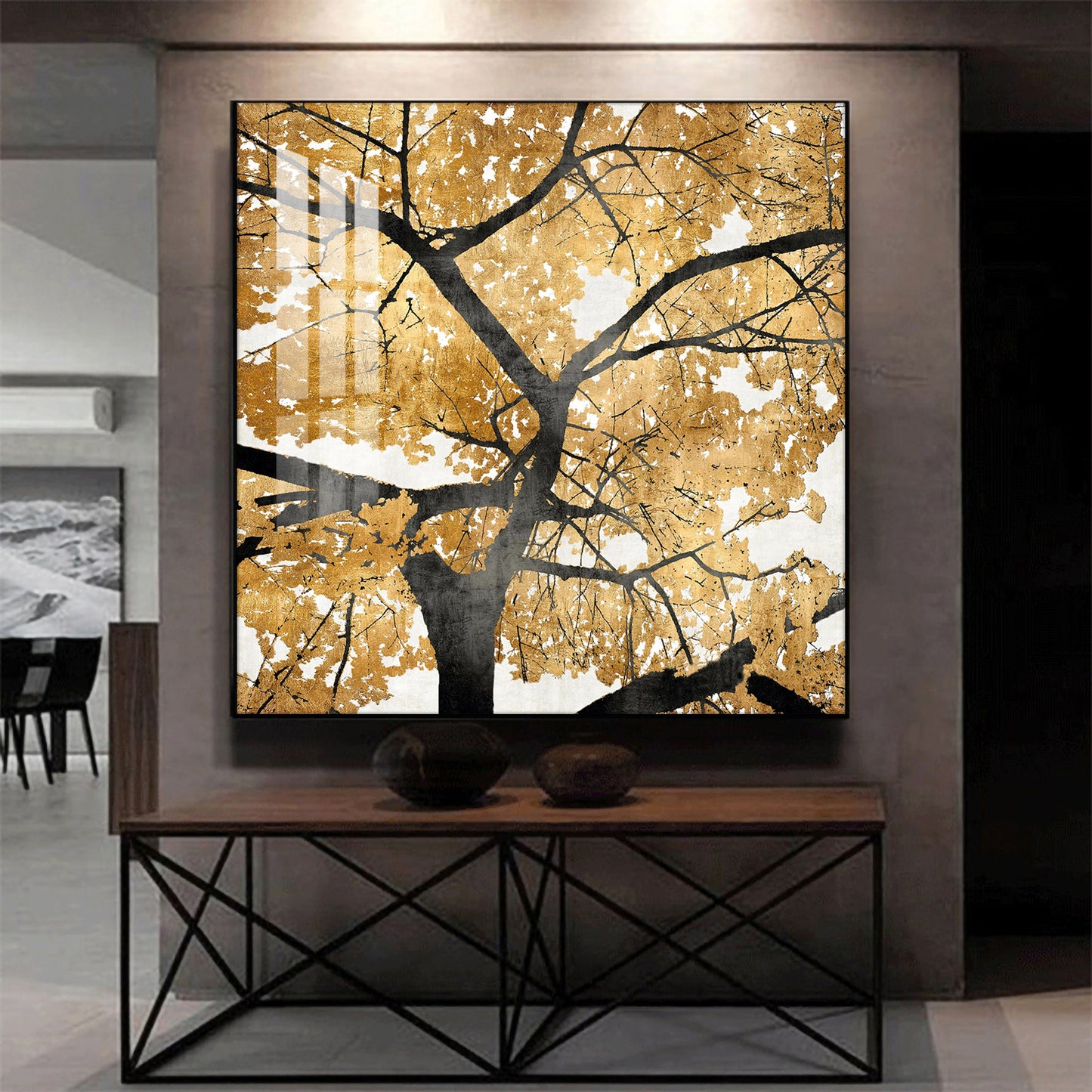 Radiant Tree of Gold Glass Finish Square Wall Art