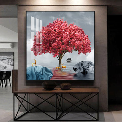 Rosy Bloom Tree Glass Finish Square Wall Art