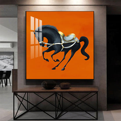 Jumping Horse In Orange Horizon Glass Finish Square Wall Art