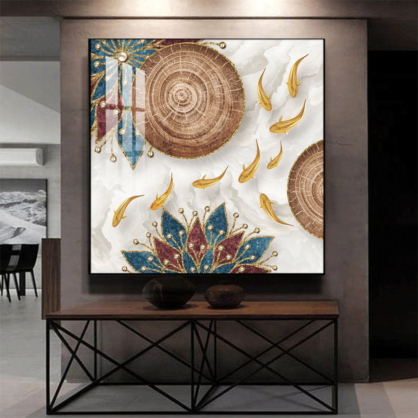 Ivory and Gold Fish Harmony Glass Finish Square Wall Art