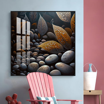 Leaves and Stones Glass Finish Square Wall Art