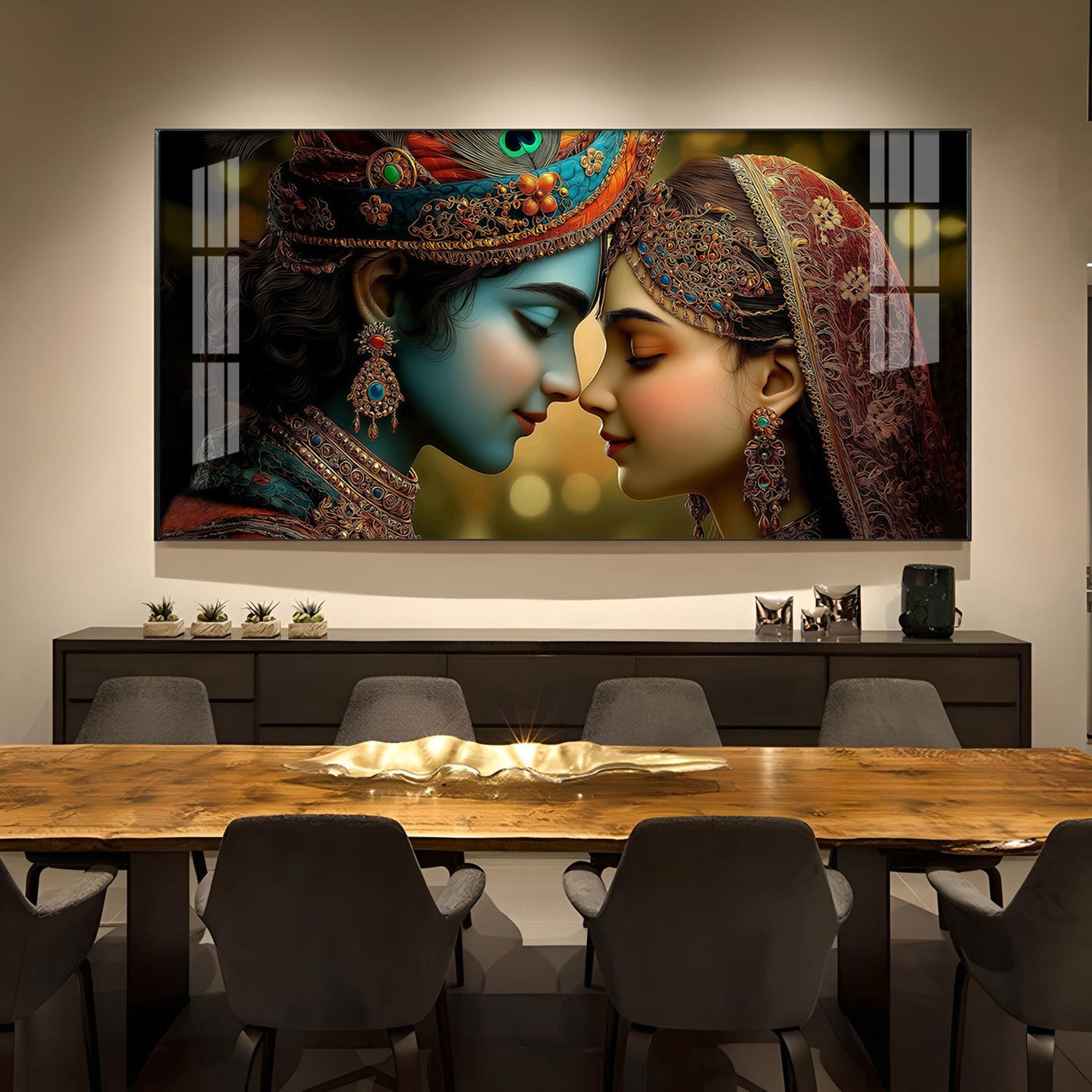 Beauty Couple Radha Krishna Glass Finish Horizontal Wall Art