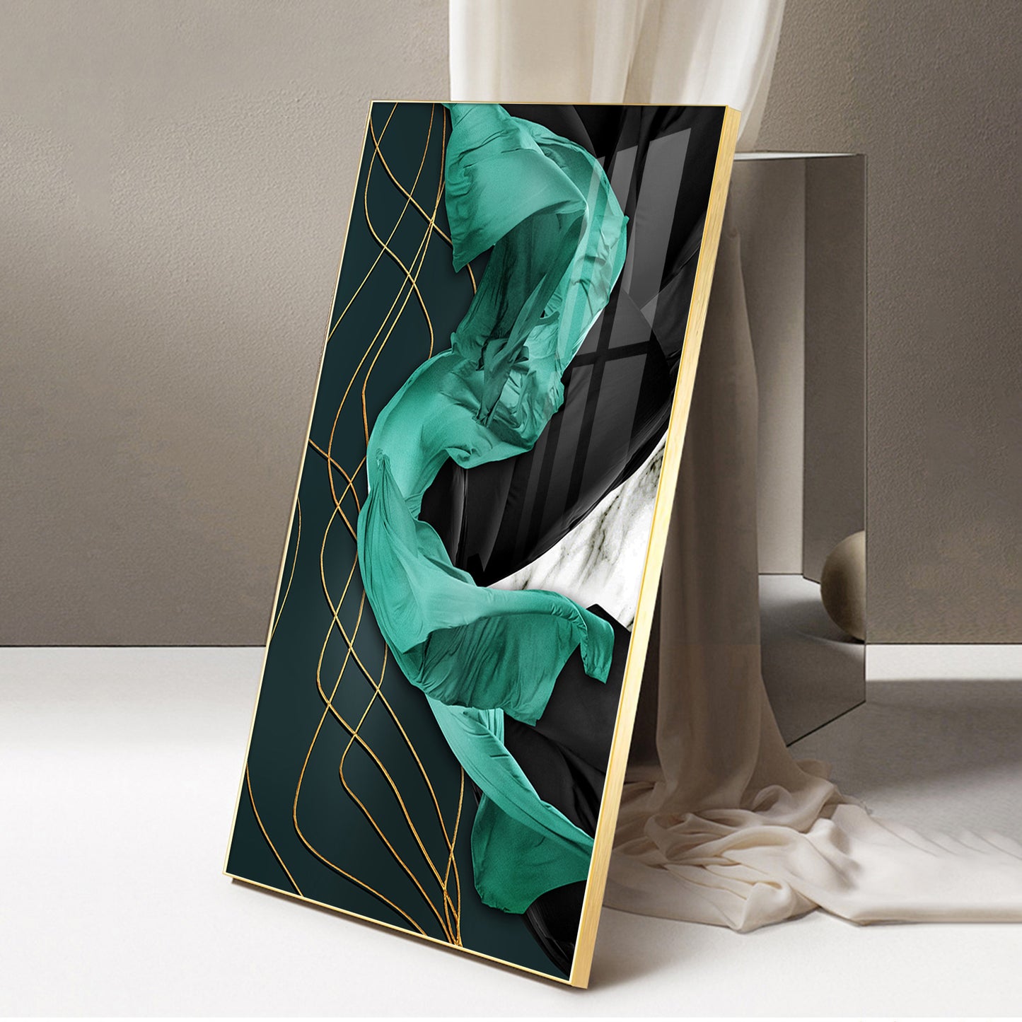 Emerald Elegance Glass Finish Vertical Wall Art