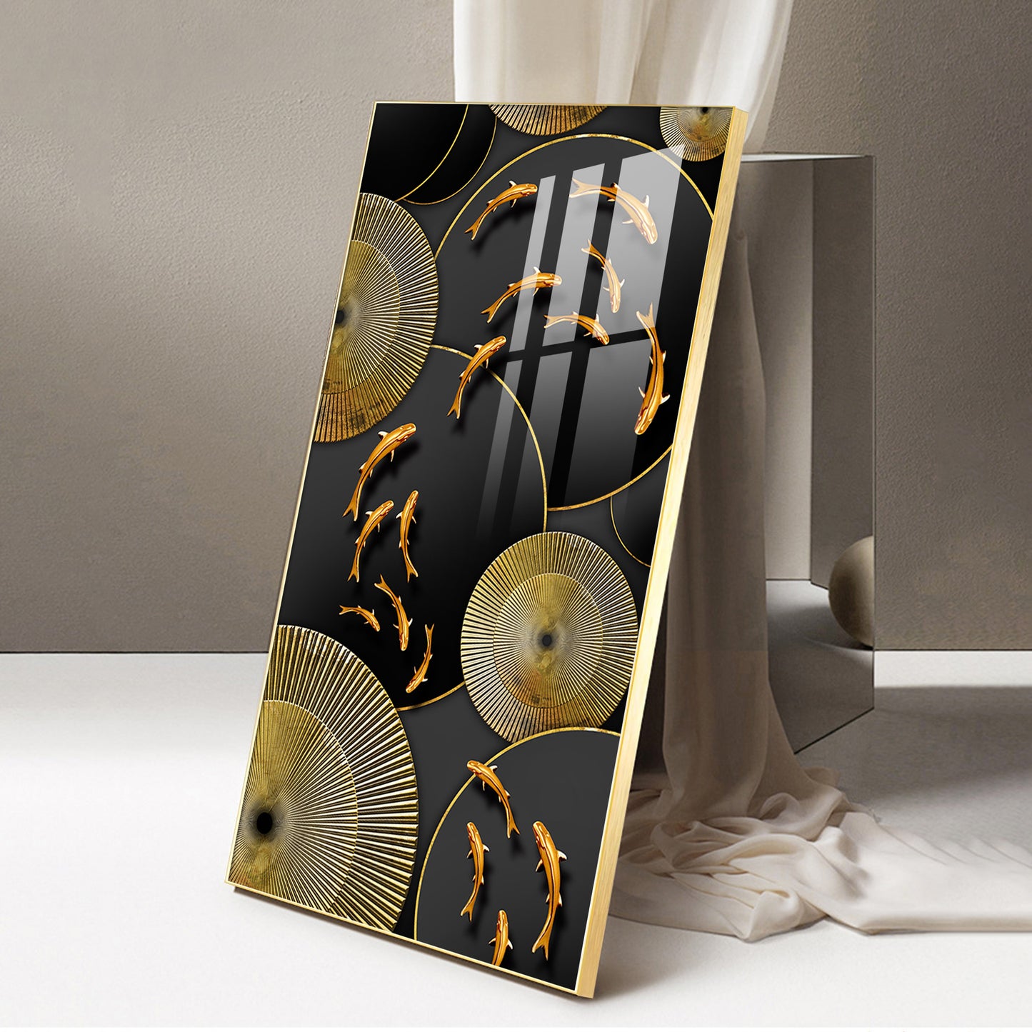 Goldfish Elegance Glass Finish Vertical Wall Art