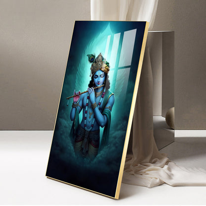 Spiritual Krishna In Vibrant Color Glass Finish Vertical Wall Art