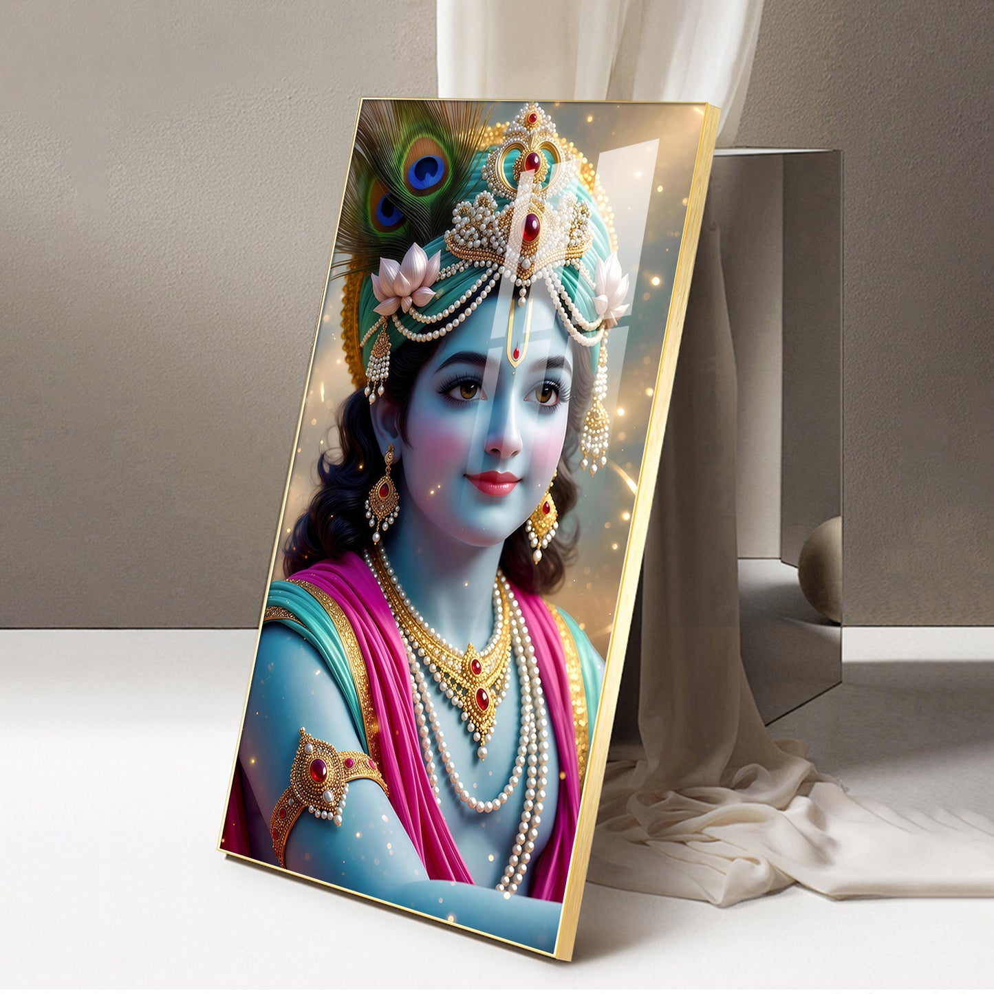 Lord Jai Shri Krishna Glass Finish Vertical Wall Art