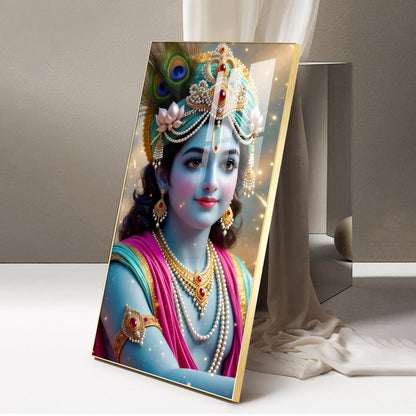 Lord Jai Shri Krishna Glass Finish Vertical Wall Art