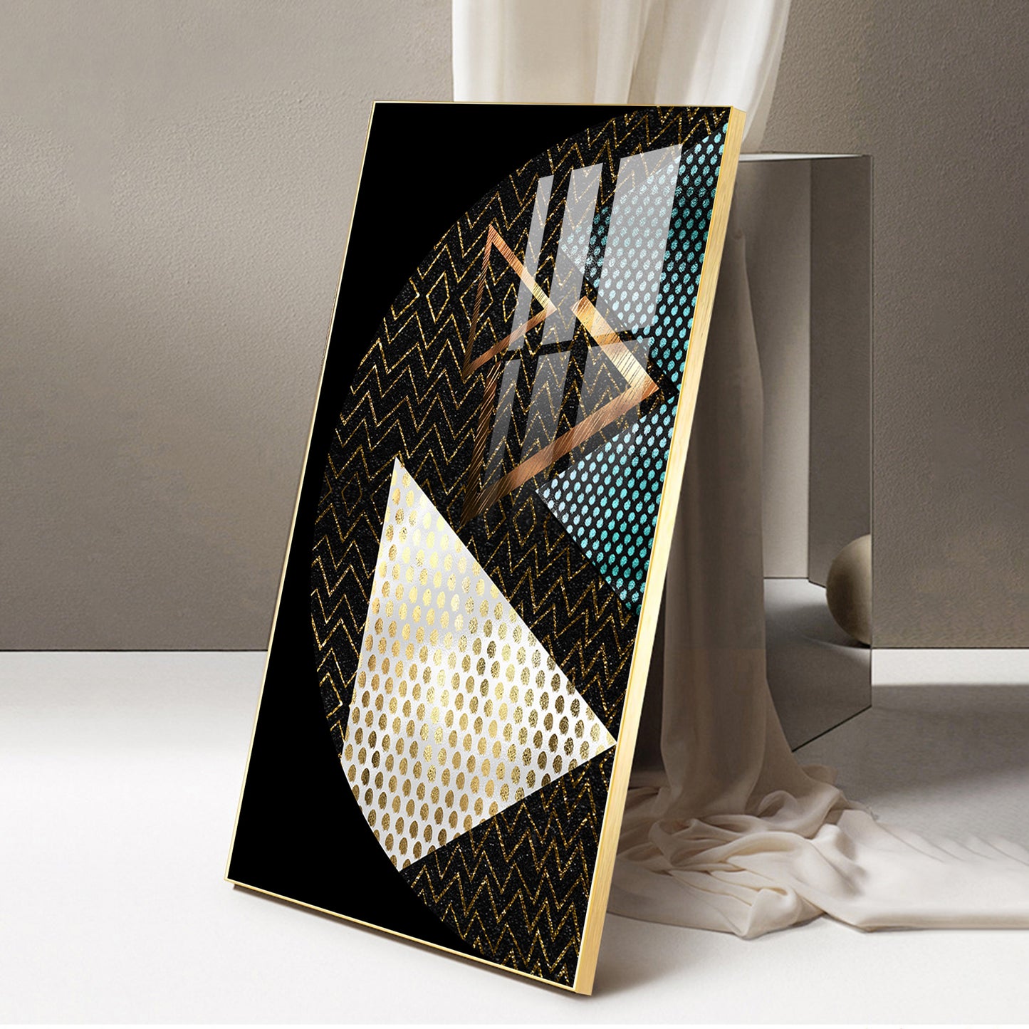 Triangular Opulence Glass Finish Vertical Wall Art