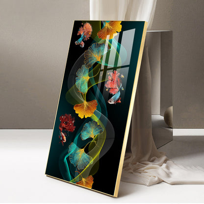 Golden Deer in Tranquil Waters Glass Finish Vertical Wall Art