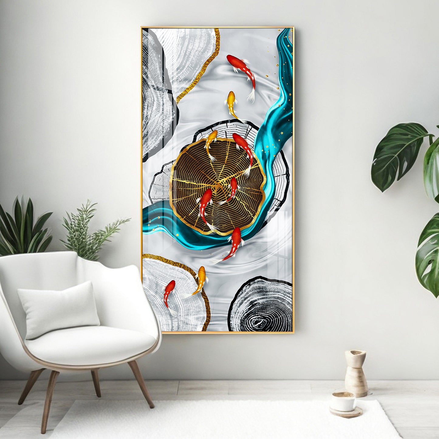 Tranquil Fish Pond Glass Finish Vertical Wall Art