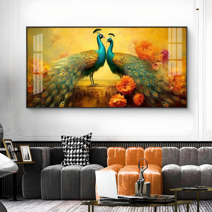 Peacocks With Flower Background Glass Finish Horizontal Wall Art