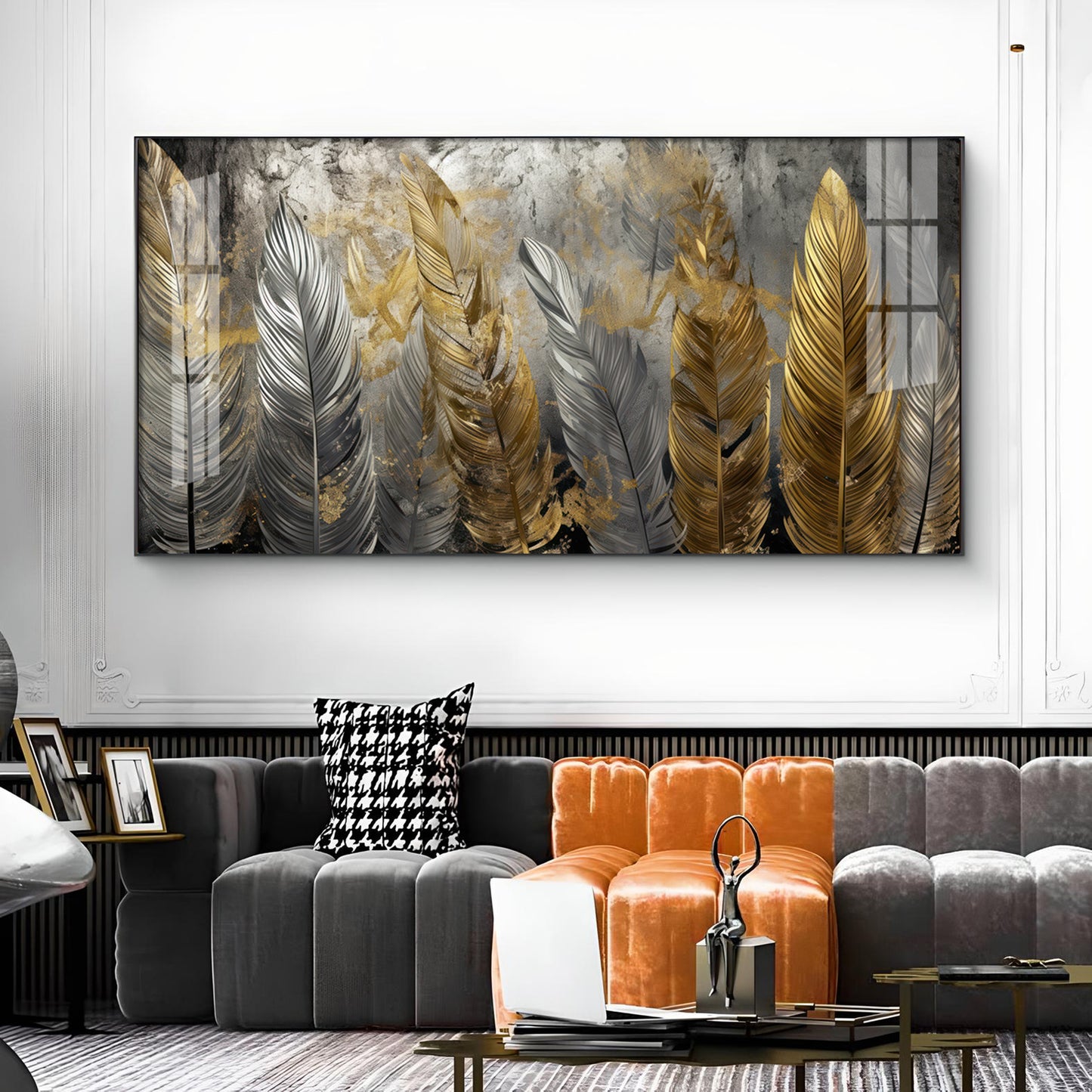 Golden And Silver Feather Glass Finish Horizontal Wall Art