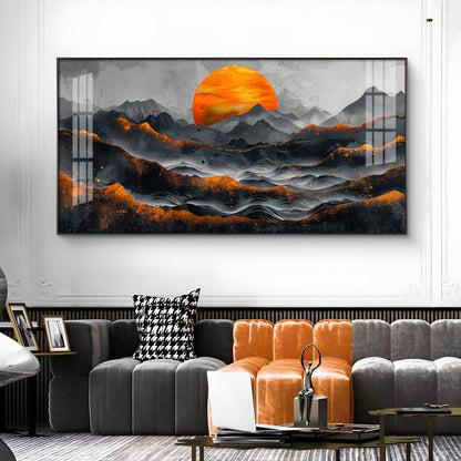 Sun Rise In Black Mountain Glass Finish Horizontal Wall Art