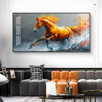 One Running Horse Glass Finish Horizontal Wall Art