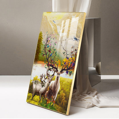 Portrait of Deer and Blossoms Glass Finish Vertical Wall Art