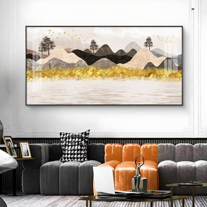 Colorful Golden Mountain Glass Finish Horizontal Wall Art