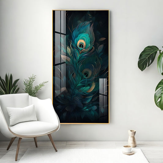 Peacock Feather Retreat Glass Finish Vertical Wall Art