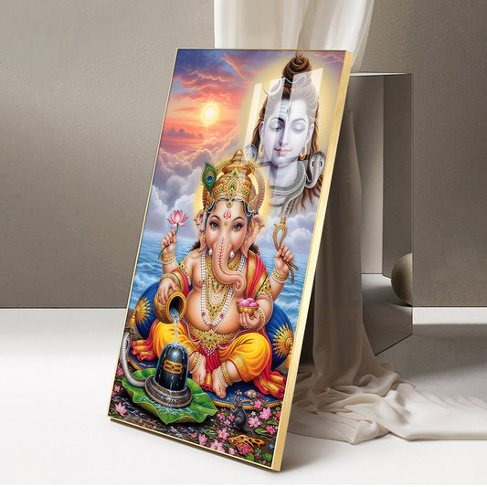 Lord Shiva and Ganesh Glass Finish Vertical Wall Art