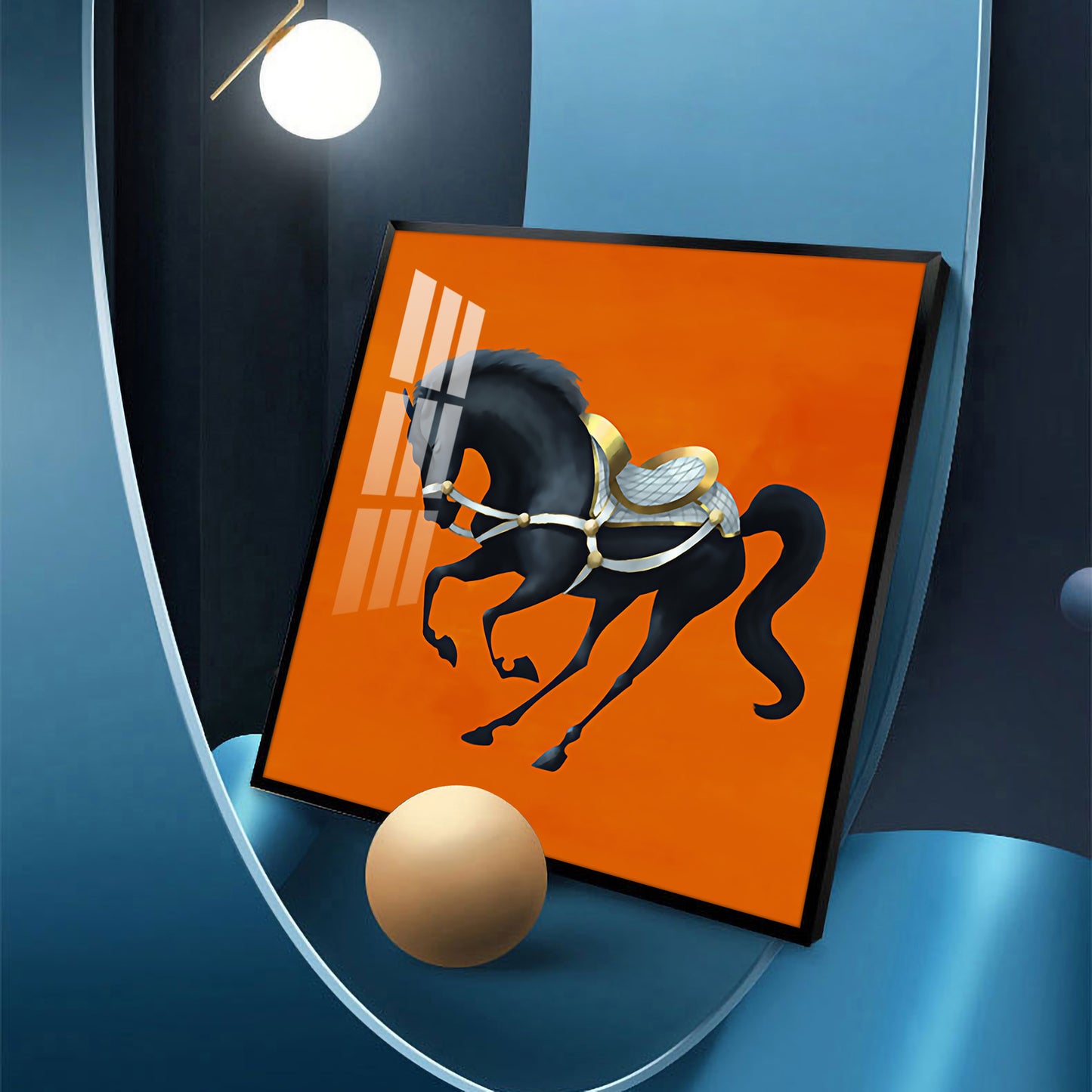 Jumping Horse In Orange Horizon Glass Finish Square Wall Art