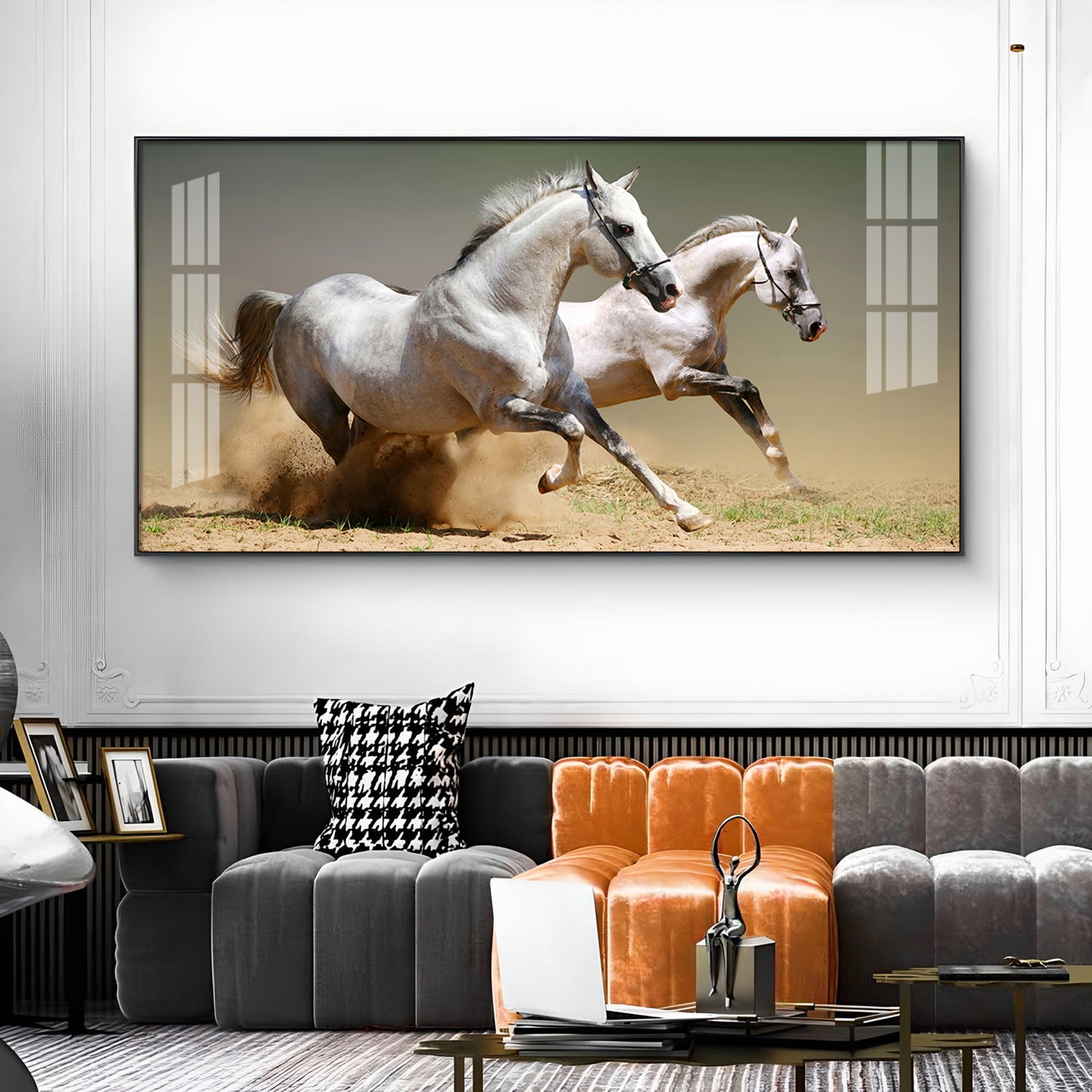 Satin Matt Running Horses Glass Finish Horizontal Wall Art