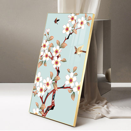 Avian Blossom Glass Finish Vertical Wall Art