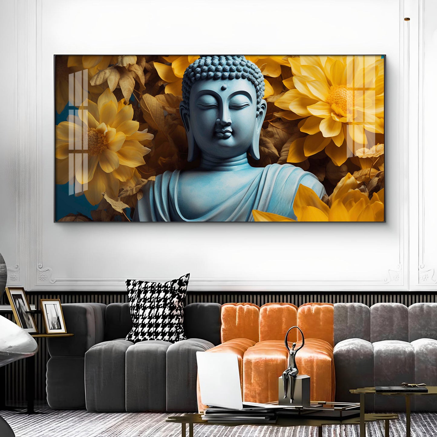 Majestic Buddha With Flower Glass Finish Horizontal Wall Art