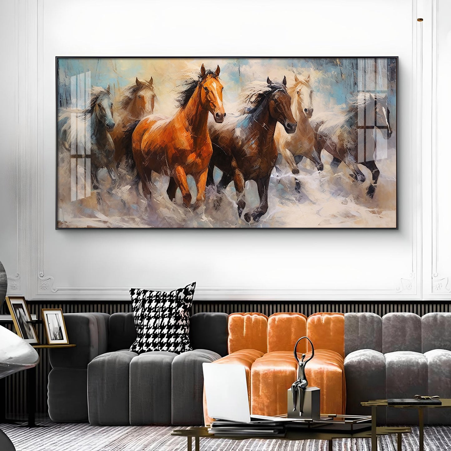 Jungle Running Horses Vastu Glass Finish Horizontal Wall Art