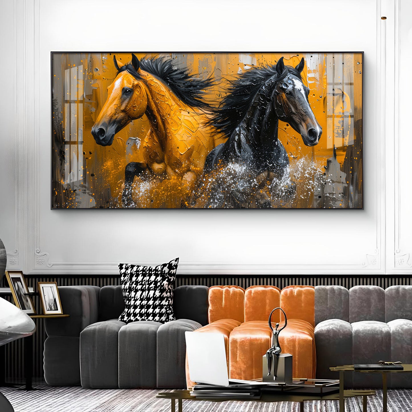 Two Horses Glass Finish Horizontal Wall Art