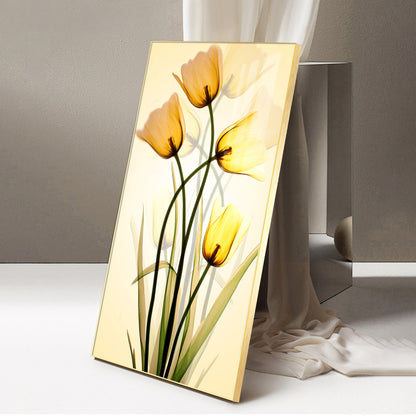 Radiant Yellow Tulips Glass Finish Vertical Wall Art