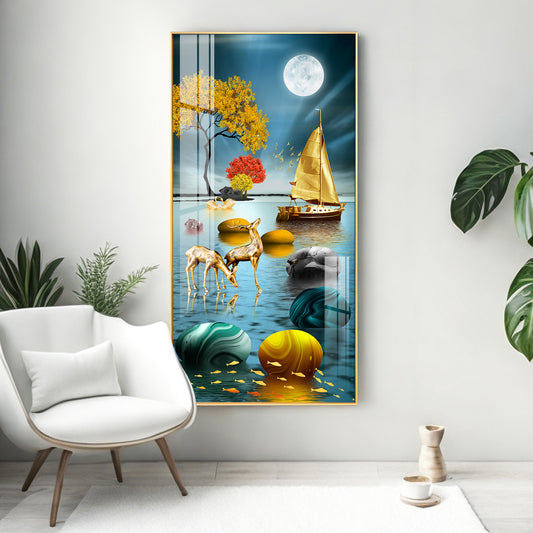 Boat and Deer Glass Finish Vertical Wall Art
