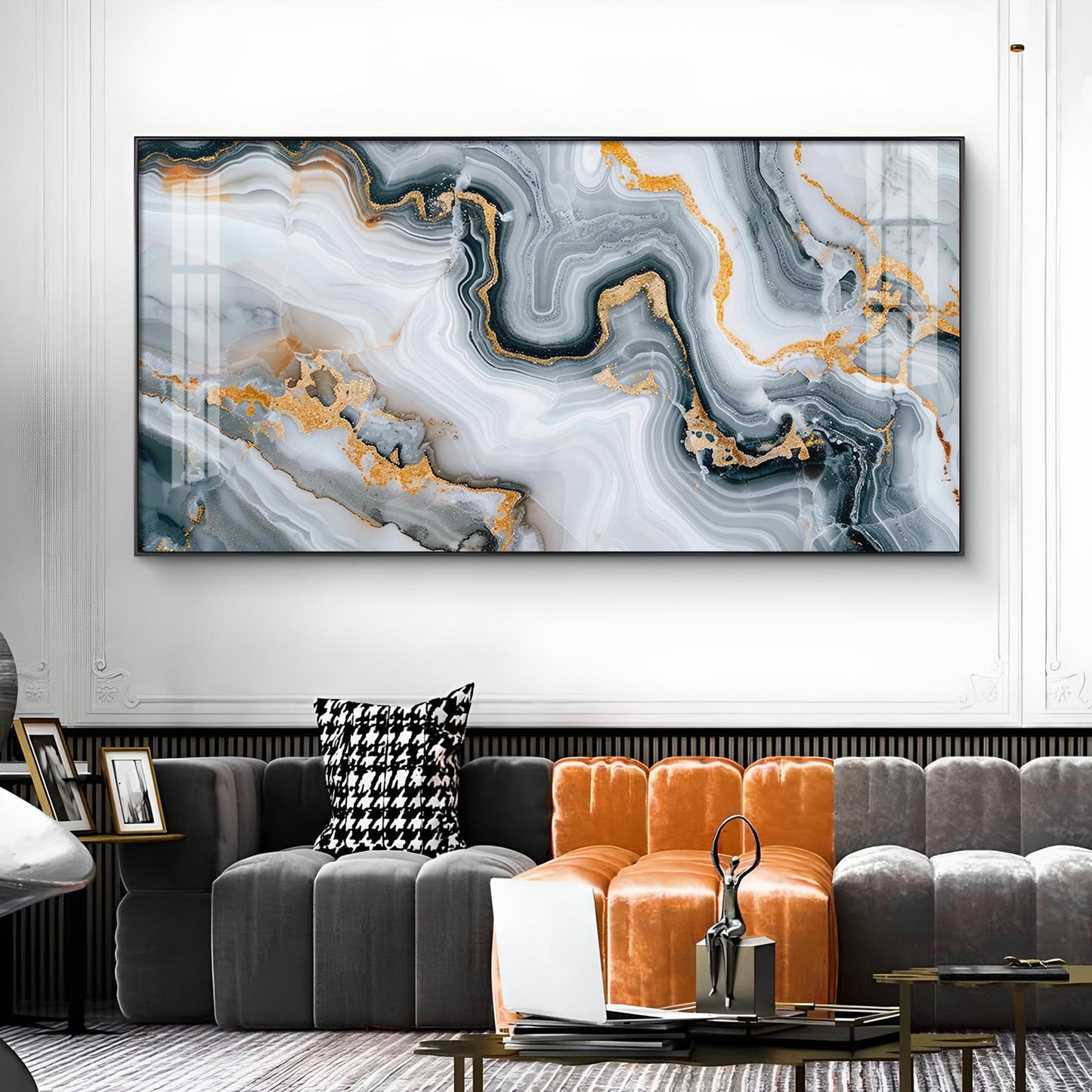 Modern Abstract Golden & Gray Glass Finish Horizontal Wall Art