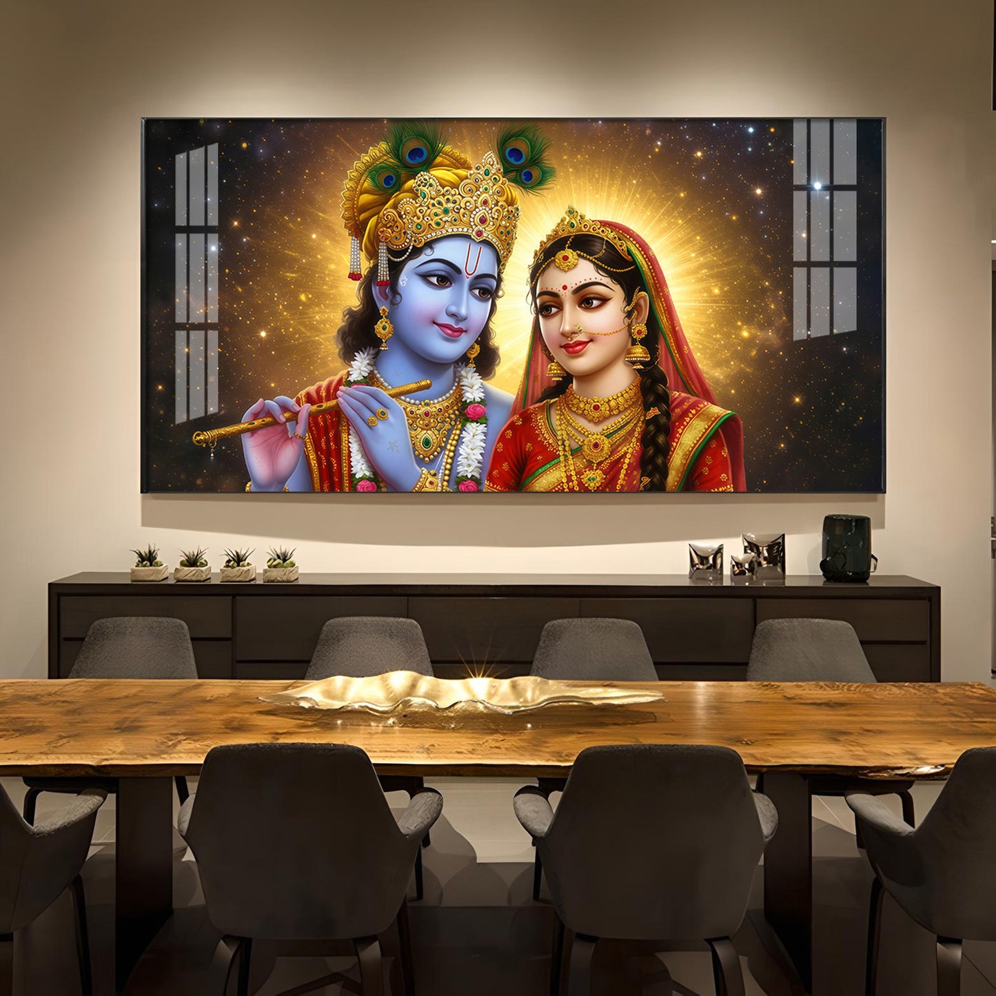 Sri Radhe Krishna Loving Charm Glass Finish Horizontal Wall Art