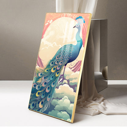 Heavenly Peacock Vista Glass Finish Vertical Wall Art