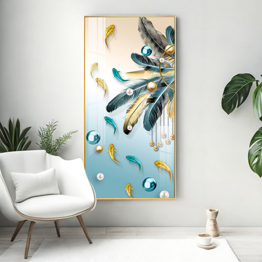 Majestic Blue-Gold Bird Glass Finish Vertical Wall Art