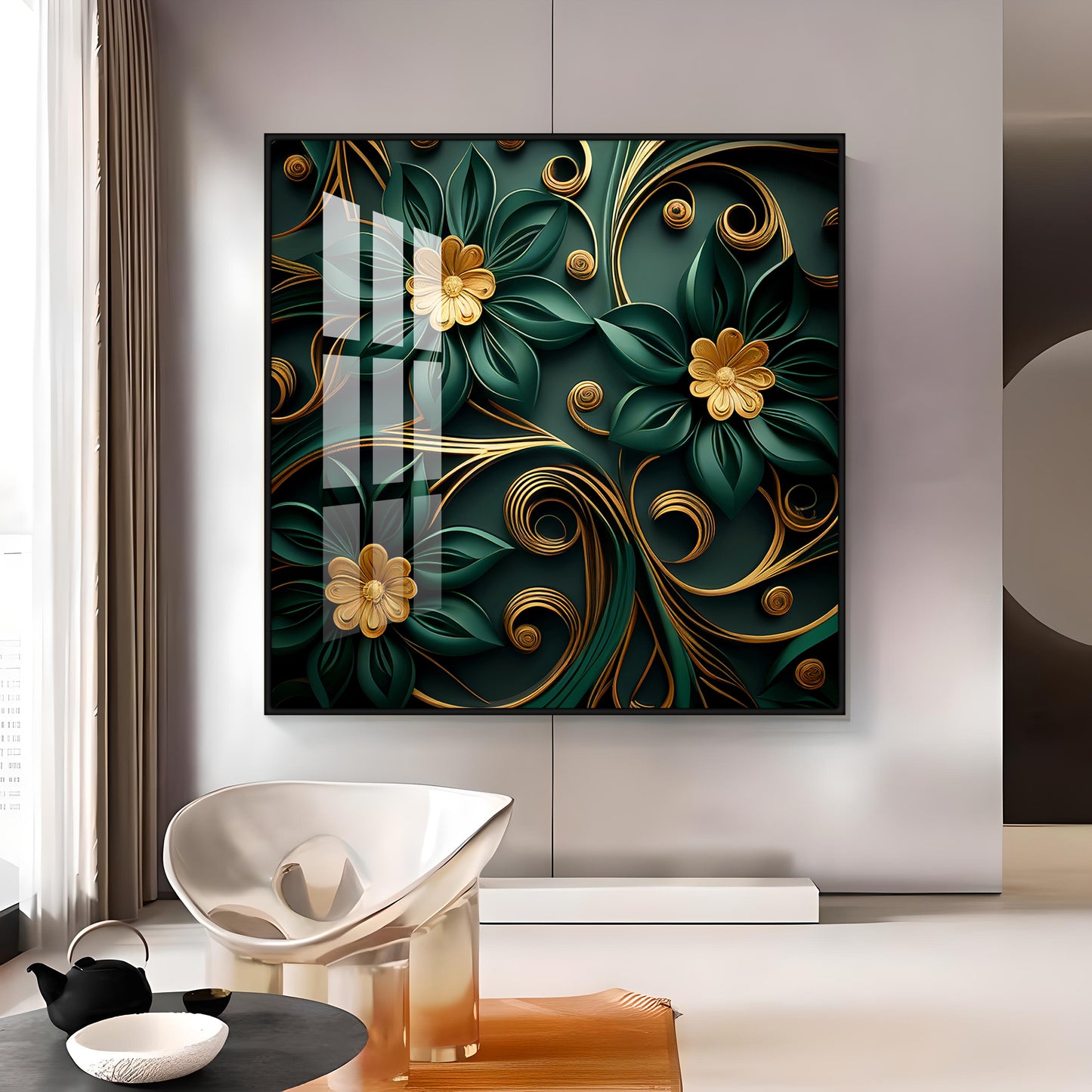 Emerald Garden Flower Glass Finish Square Wall Art
