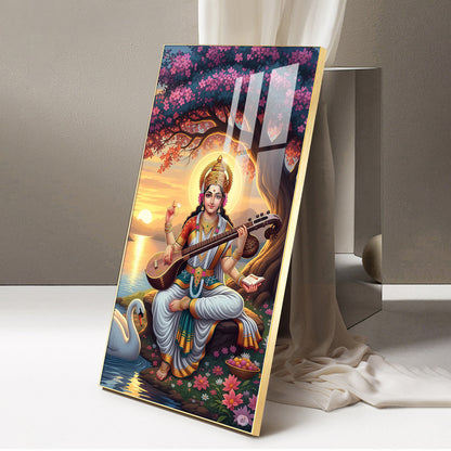Goddess Saraswati Glass Finish Vertical Wall Art