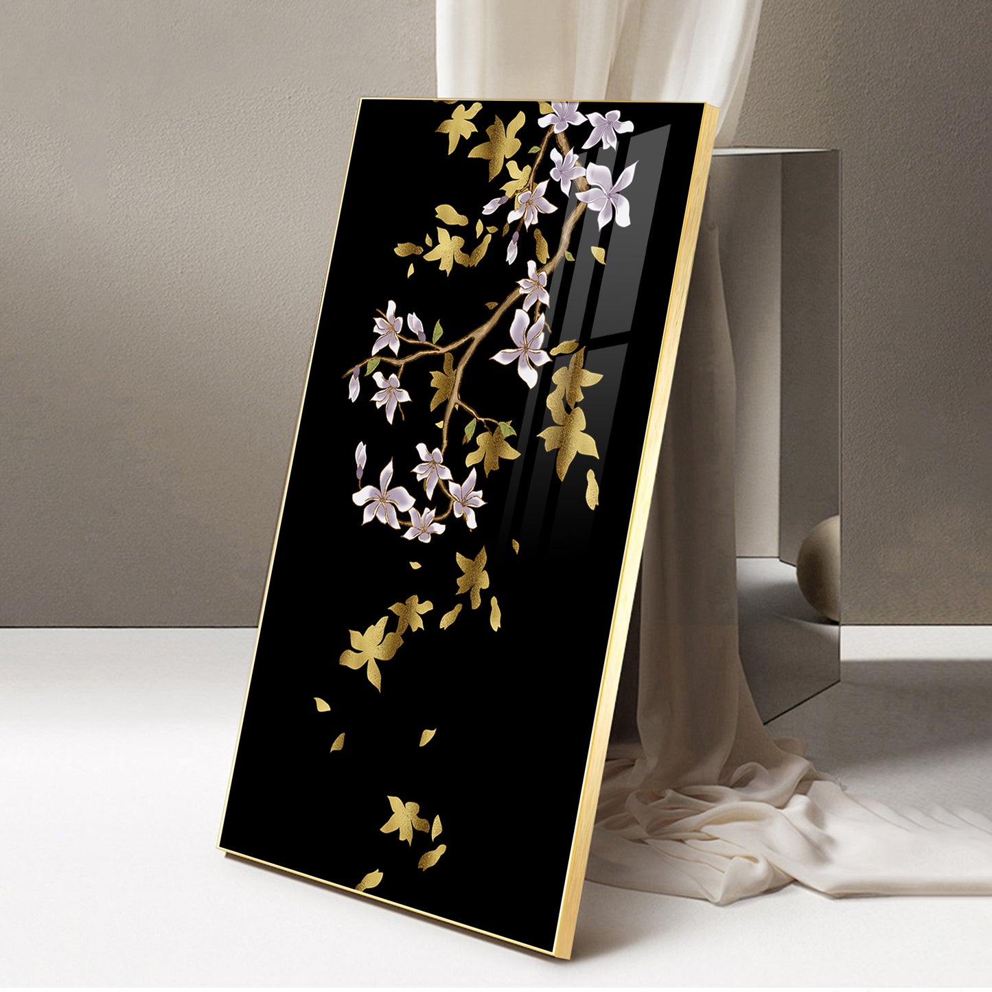 Ivory Bloom Glass Finish Vertical Wall Art