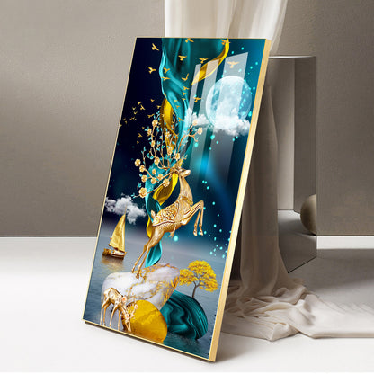 Moonnlit Dancing Deer Glass Finish Vertical Wall Art