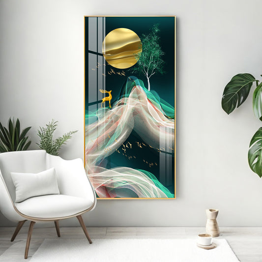 Deer with Golden Moon Glass Finish Vertical Wall Art