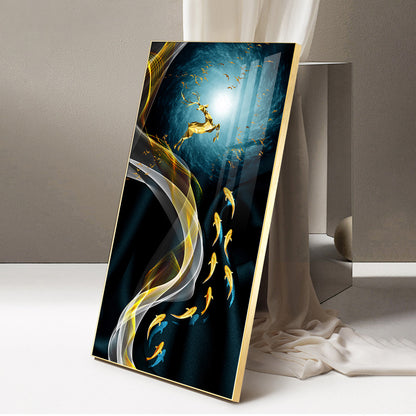 The Golden Swim Glass Finish Vertical Wall Art