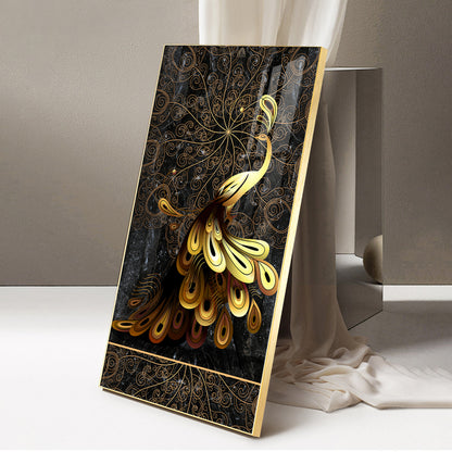 Golden Veil Peacock Glass Finish Vertical Wall Art