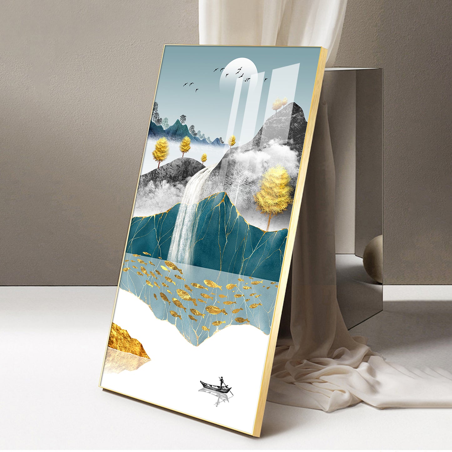 Painting of a Waterfall and Boat Glass Finish Vertical Wall Art