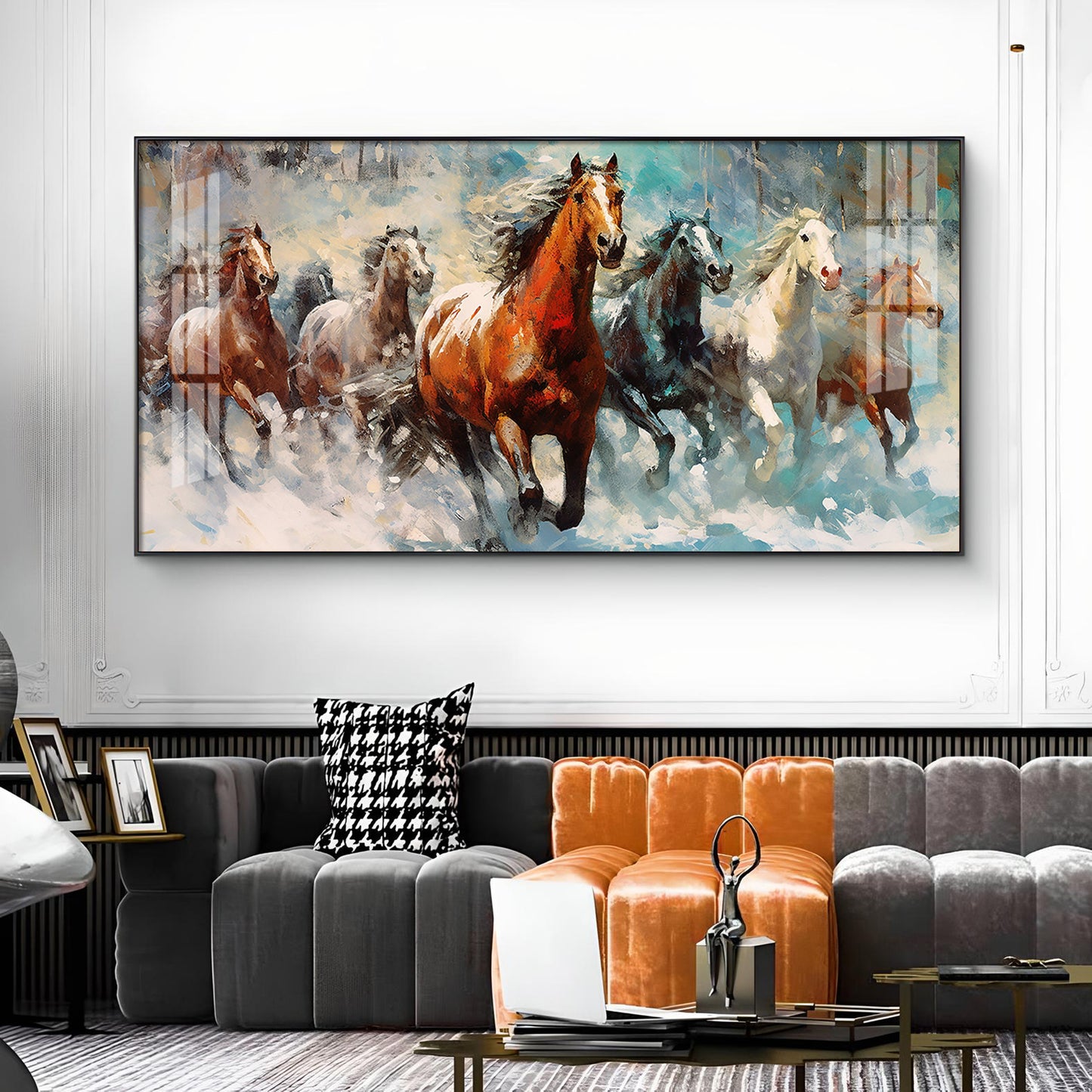 Running Horses Vastu Glass Finish Horizontal Wall Art