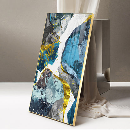 Gold and Blue Abstraction Glass Finish Vertical Wall Art