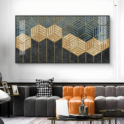 Hampton Abstract Black & Gold Glass Finish Horizontal Wall Art